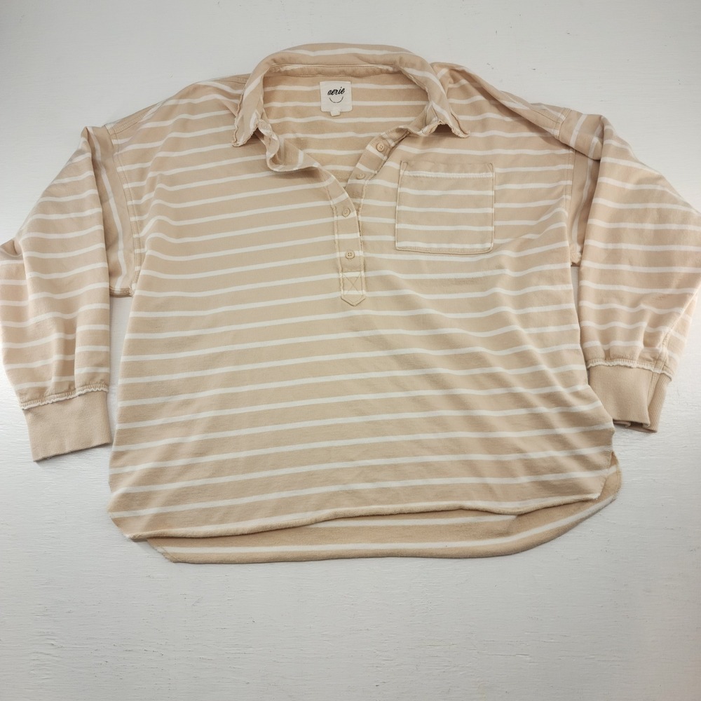 aerie Beige and White Striped Long Sleeve Polo Sweatshirt